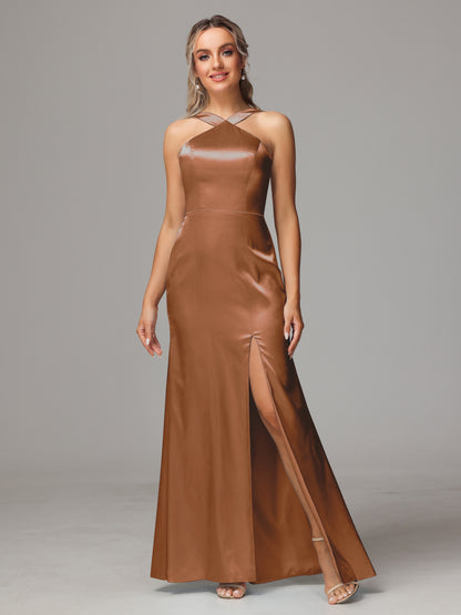 Halter Sleeveless Soft Satin Bridesmaid Dress