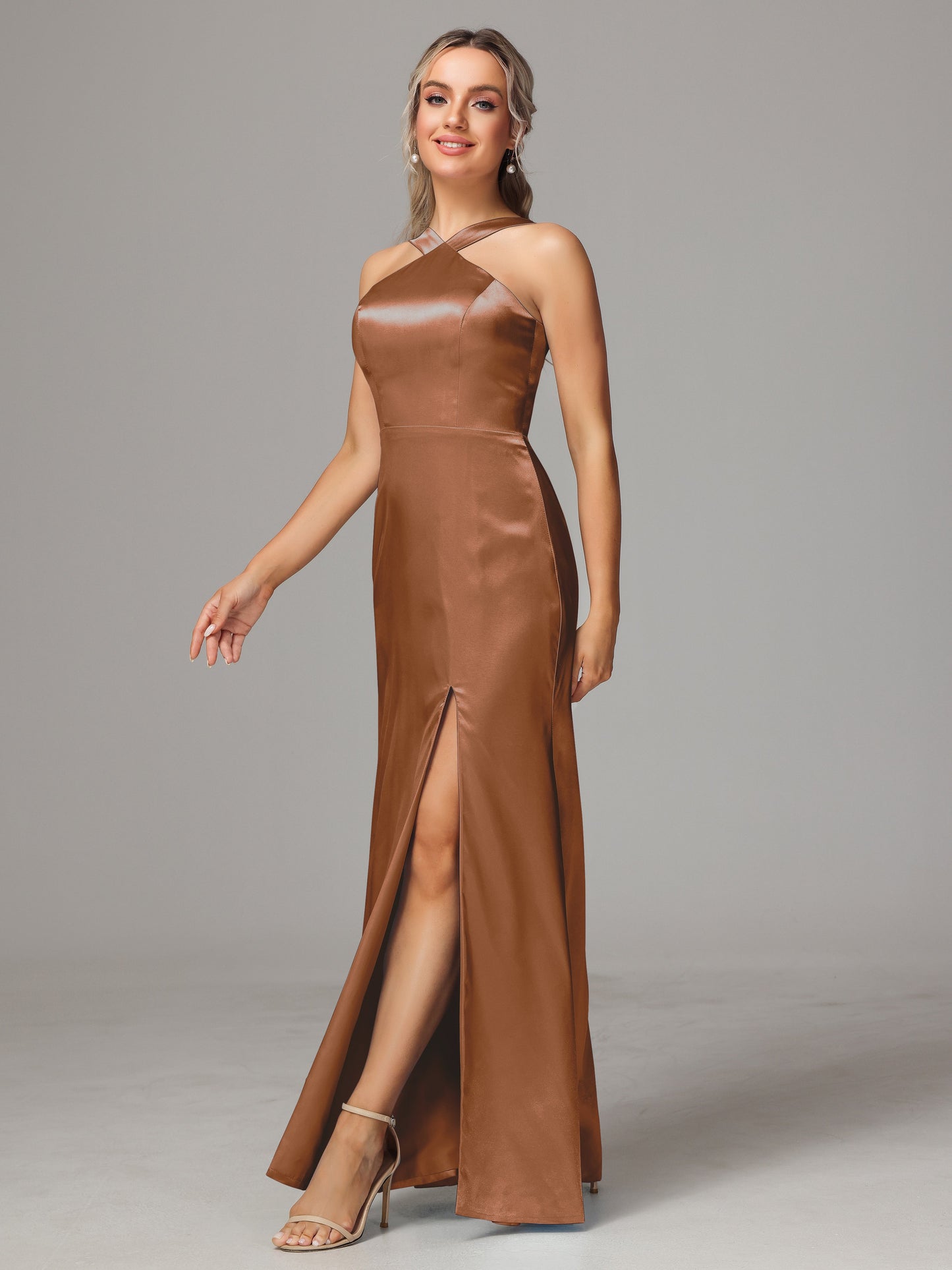 Halter Sleeveless Soft Satin Bridesmaid Dress