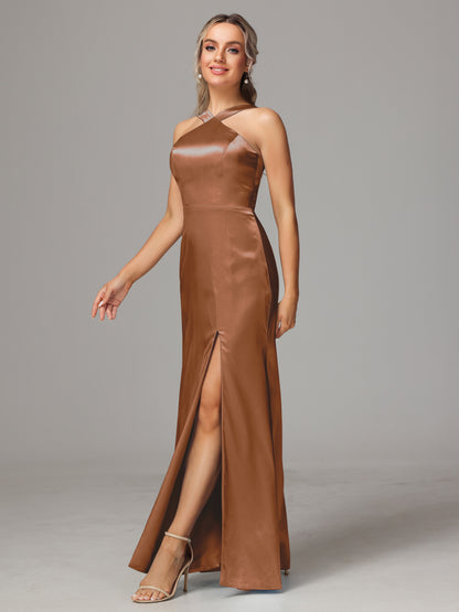 Halter Sleeveless Soft Satin Bridesmaid Dress