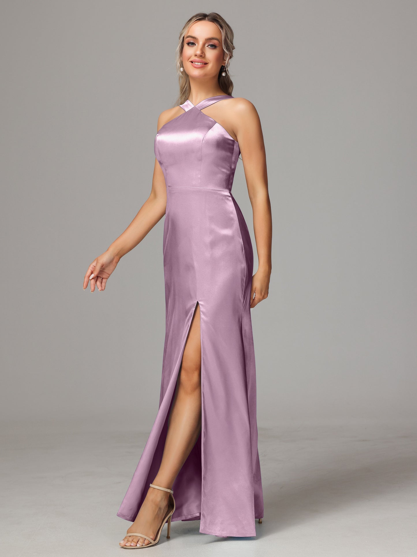 Halter Sleeveless Soft Satin Bridesmaid Dress