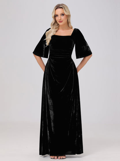 Half Sleeves Square Neck Velvet Bridesmaid Dresses