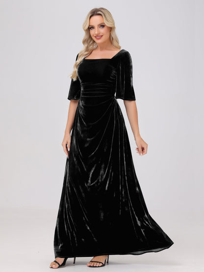 Half Sleeves Square Neck Velvet Bridesmaid Dresses