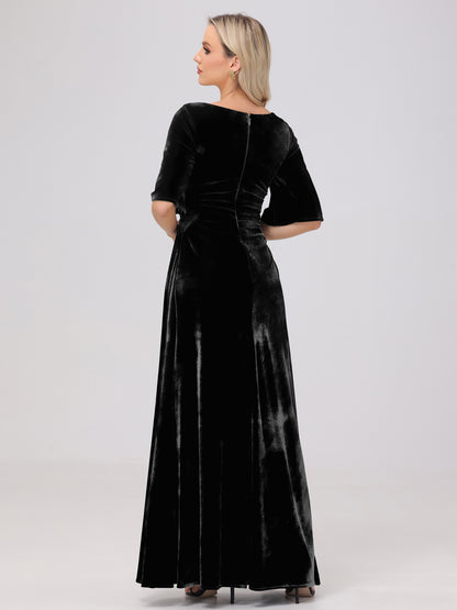 Half Sleeves Square Neck Velvet Bridesmaid Dresses