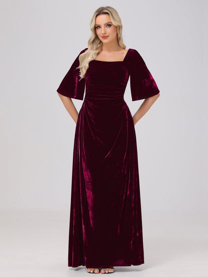 Half Sleeves Square Neck Velvet Bridesmaid Dresses