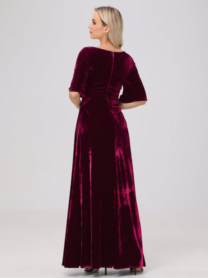 Half Sleeves Square Neck Velvet Bridesmaid Dresses