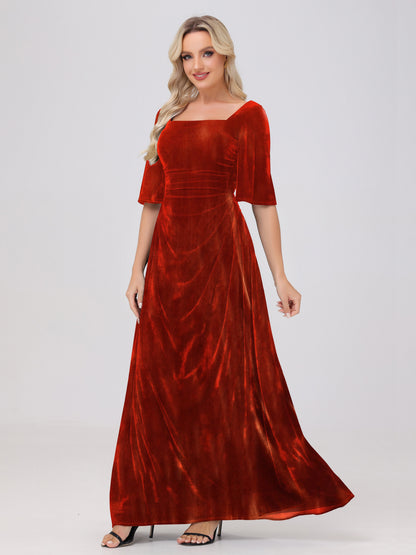 Half Sleeves Square Neck Velvet Bridesmaid Dresses