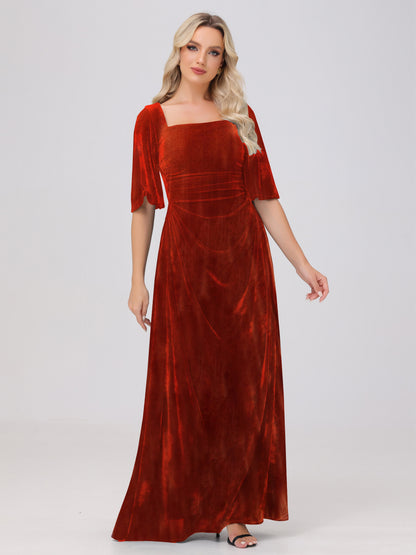 Half Sleeves Square Neck Velvet Bridesmaid Dresses