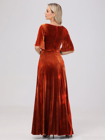 Half Sleeves Square Neck Velvet Bridesmaid Dresses