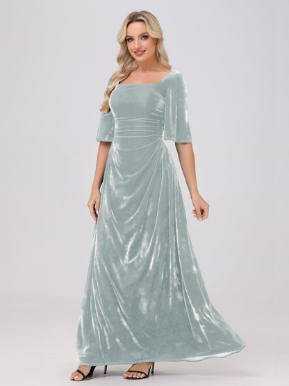 Half Sleeves Square Neck Velvet Bridesmaid Dresses