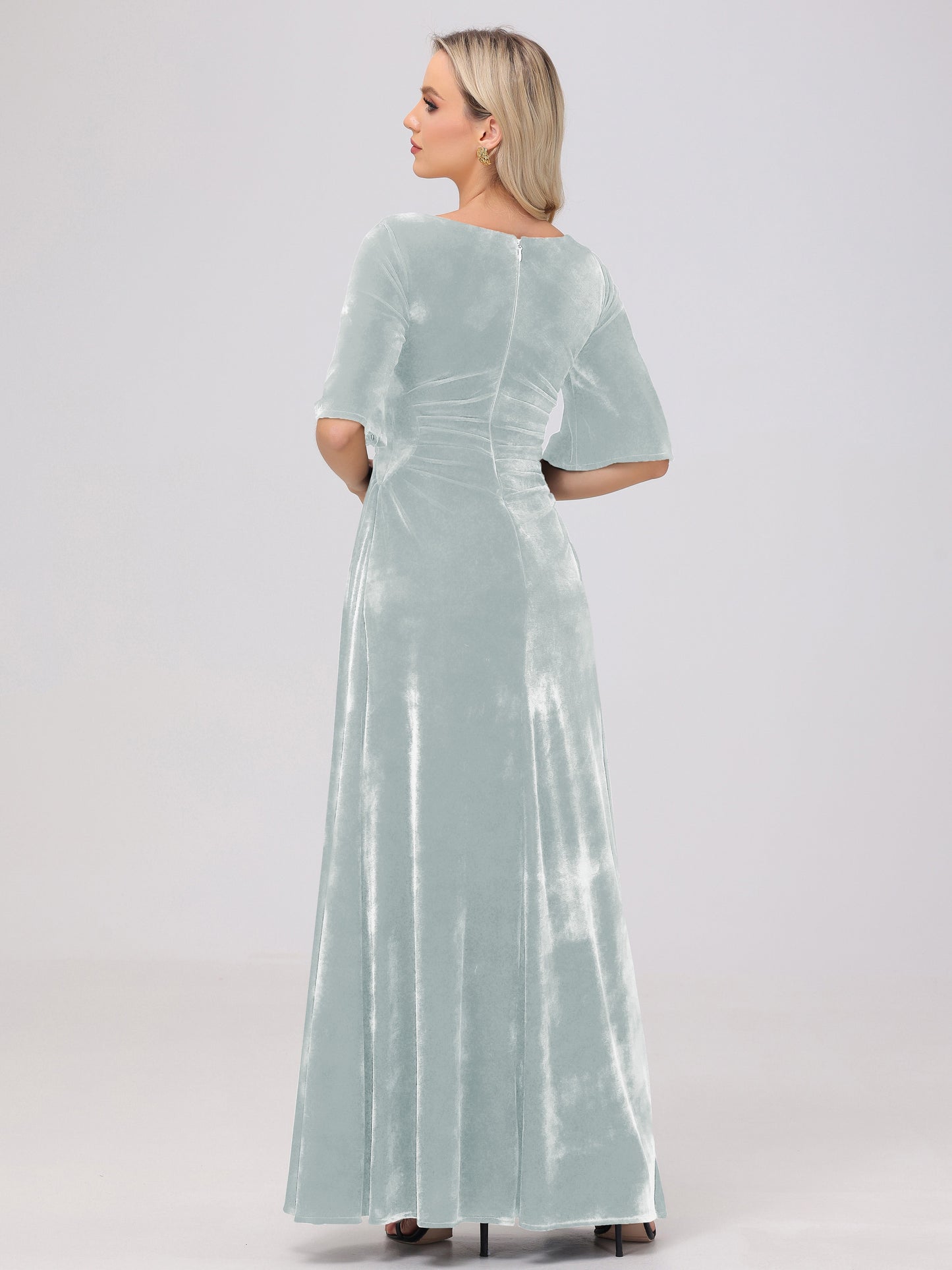 Half Sleeves Square Neck Velvet Bridesmaid Dresses
