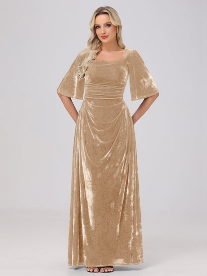 Half Sleeves Square Neck Velvet Bridesmaid Dresses