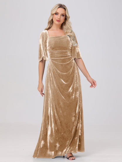 Half Sleeves Square Neck Velvet Bridesmaid Dresses