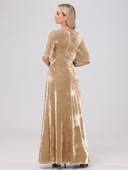 Half Sleeves Square Neck Velvet Bridesmaid Dresses