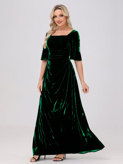 Half Sleeves Square Neck Velvet Bridesmaid Dresses