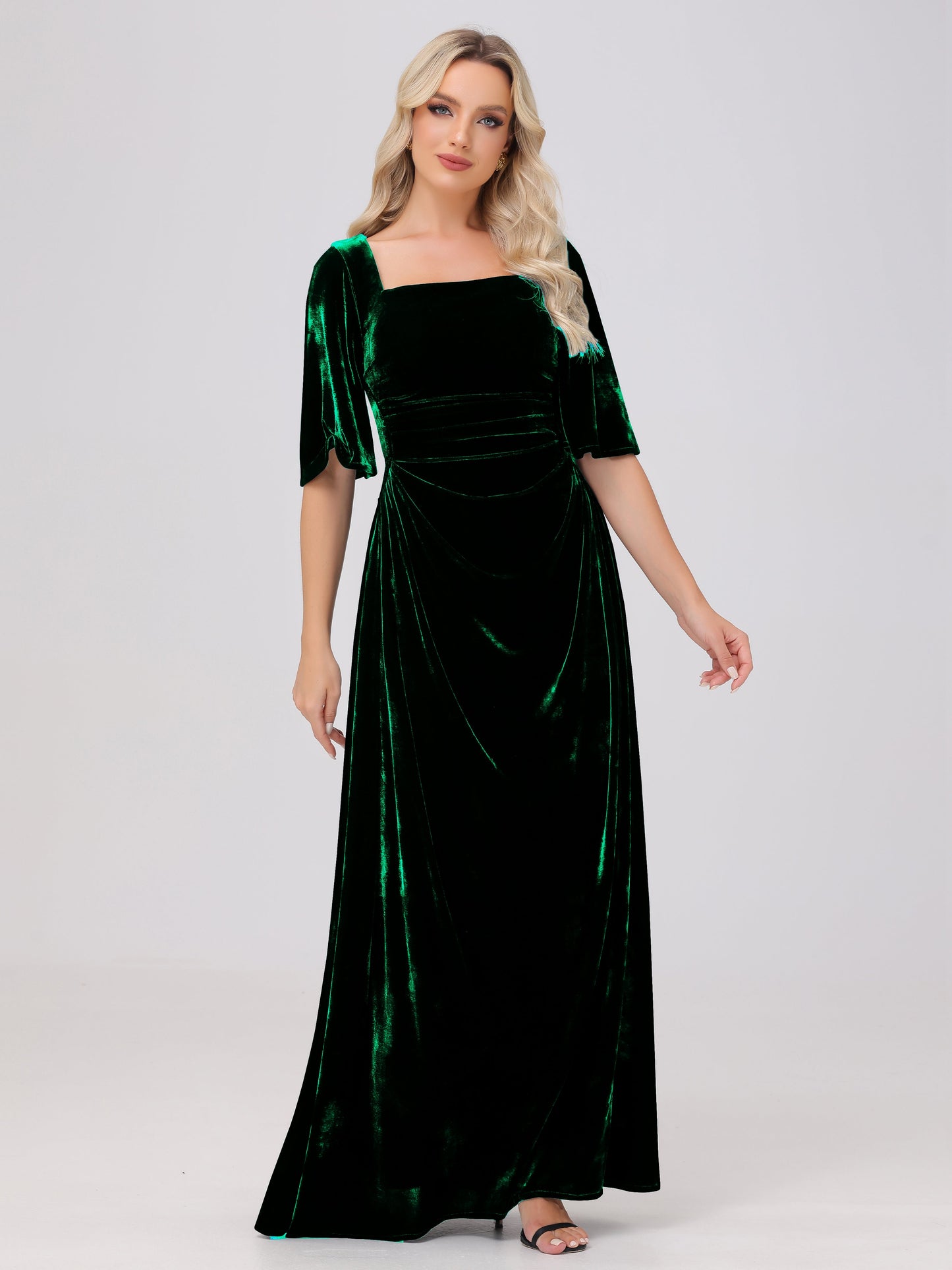 Half Sleeves Square Neck Velvet Bridesmaid Dresses