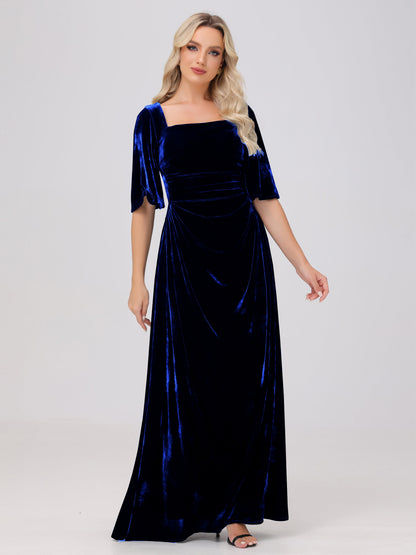 Half Sleeves Square Neck Velvet Bridesmaid Dresses