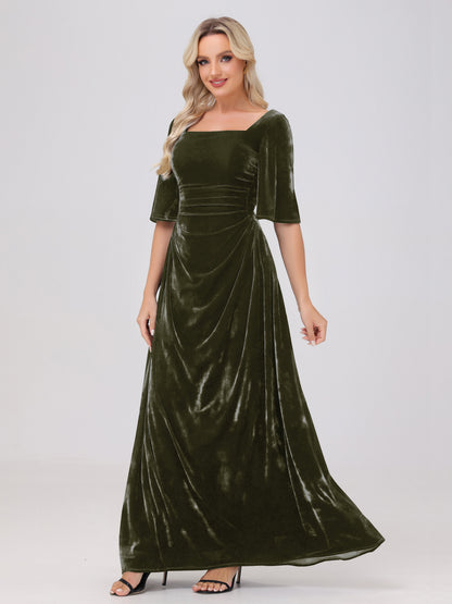 Half Sleeves Square Neck Velvet Bridesmaid Dresses