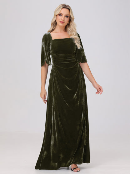 Half Sleeves Square Neck Velvet Bridesmaid Dresses