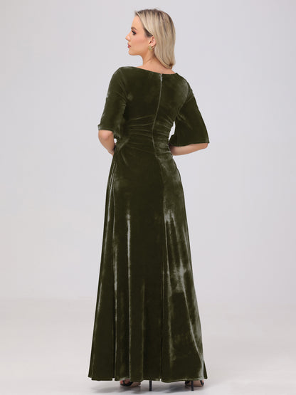 Half Sleeves Square Neck Velvet Bridesmaid Dresses