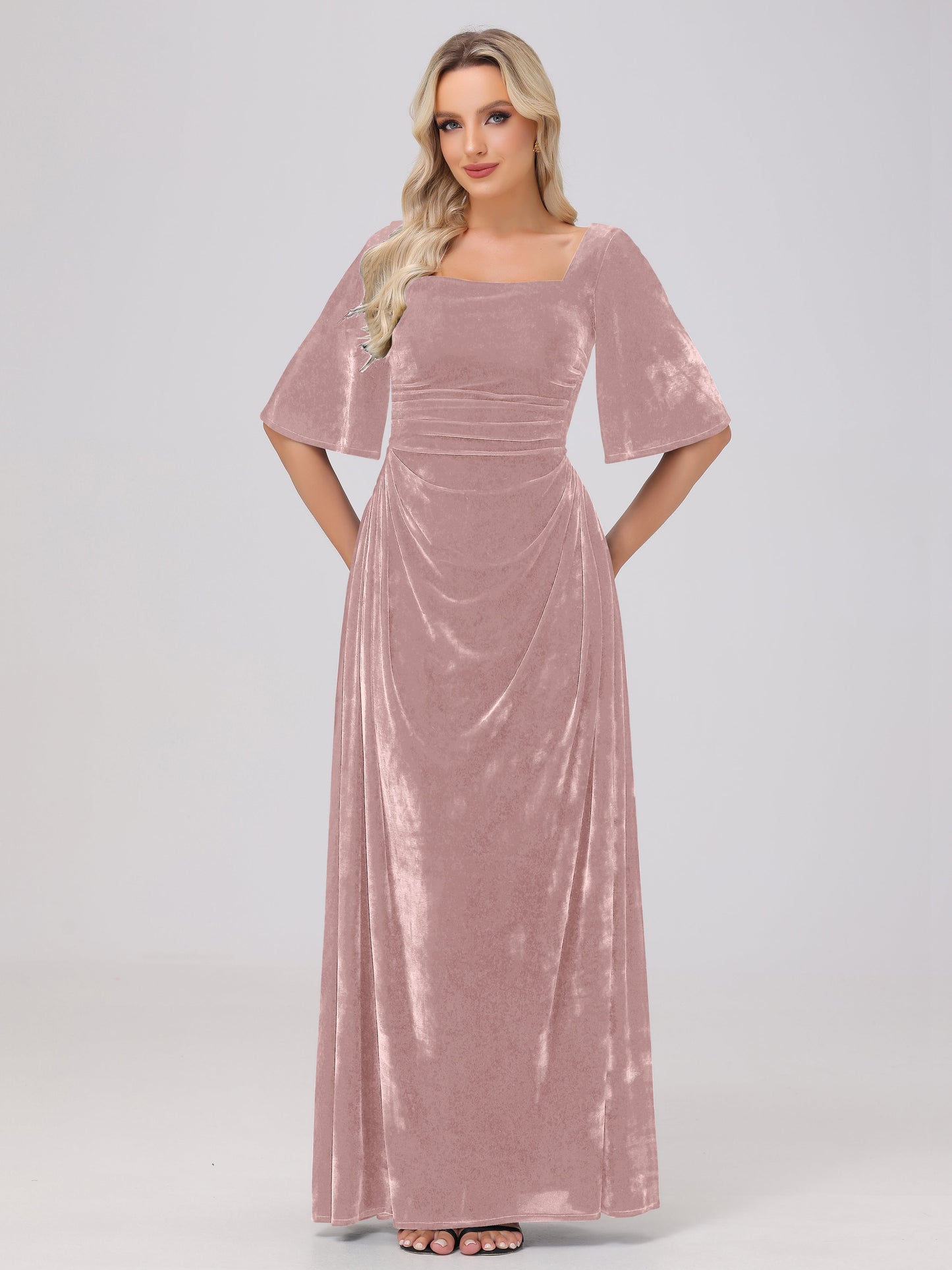 Half Sleeves Square Neck Velvet Bridesmaid Dresses