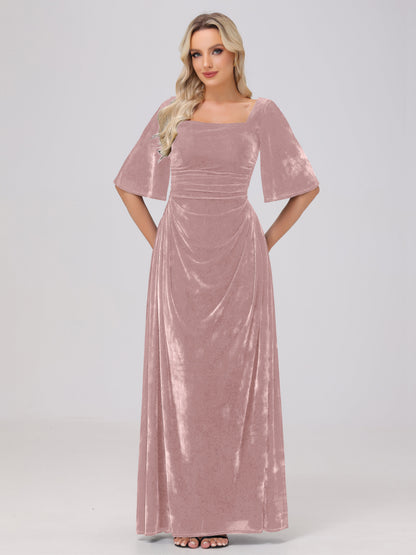 Half Sleeves Square Neck Velvet Bridesmaid Dresses