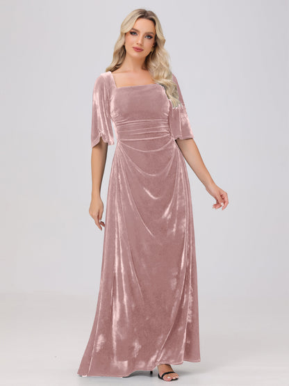 Half Sleeves Square Neck Velvet Bridesmaid Dresses
