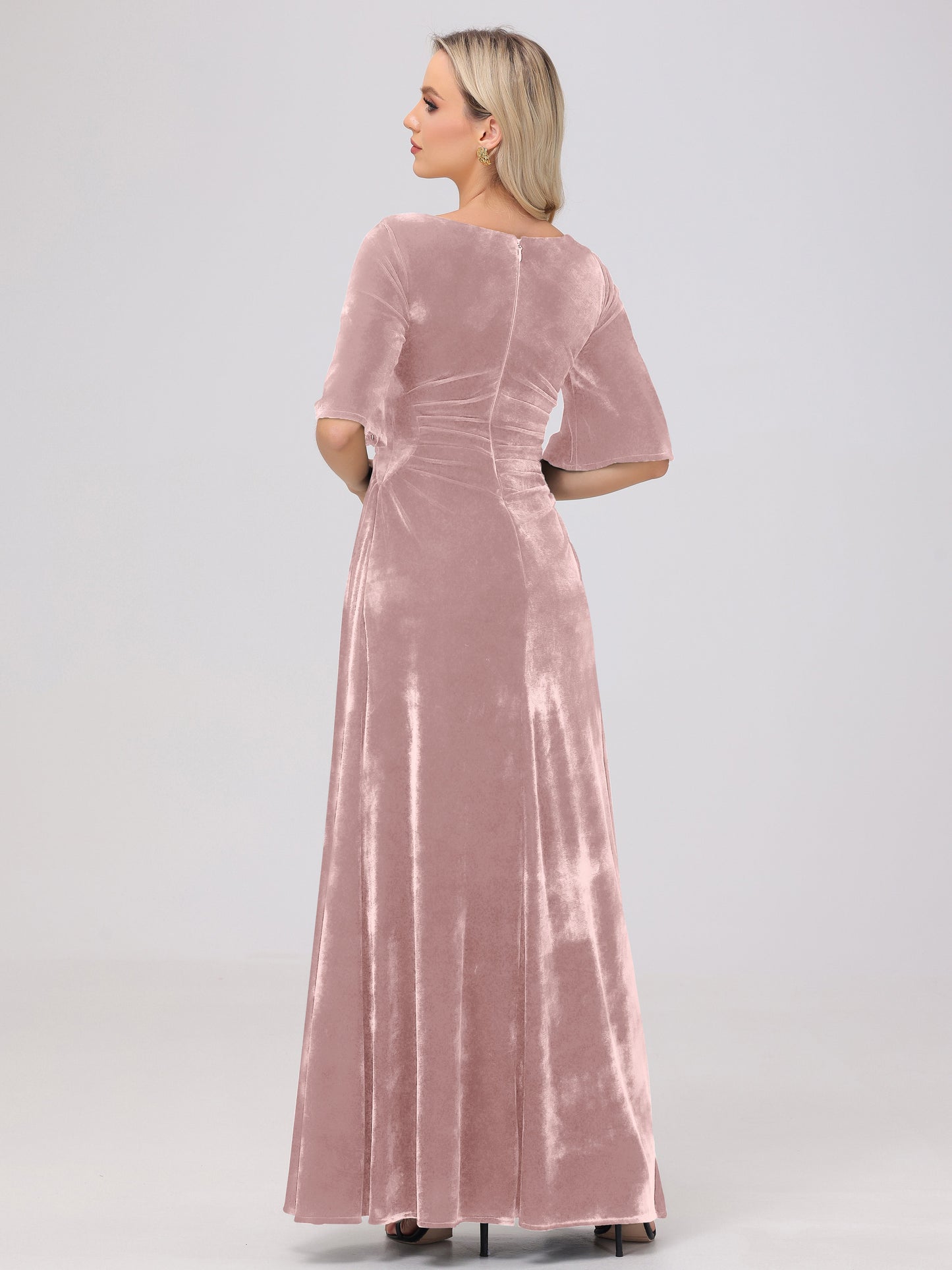 Half Sleeves Square Neck Velvet Bridesmaid Dresses