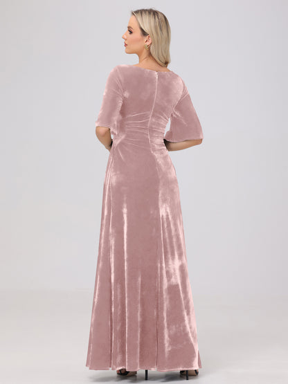 Half Sleeves Square Neck Velvet Bridesmaid Dresses