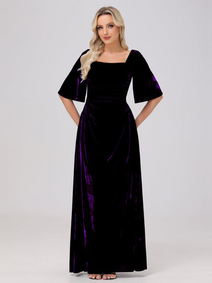 Half Sleeves Square Neck Velvet Bridesmaid Dresses