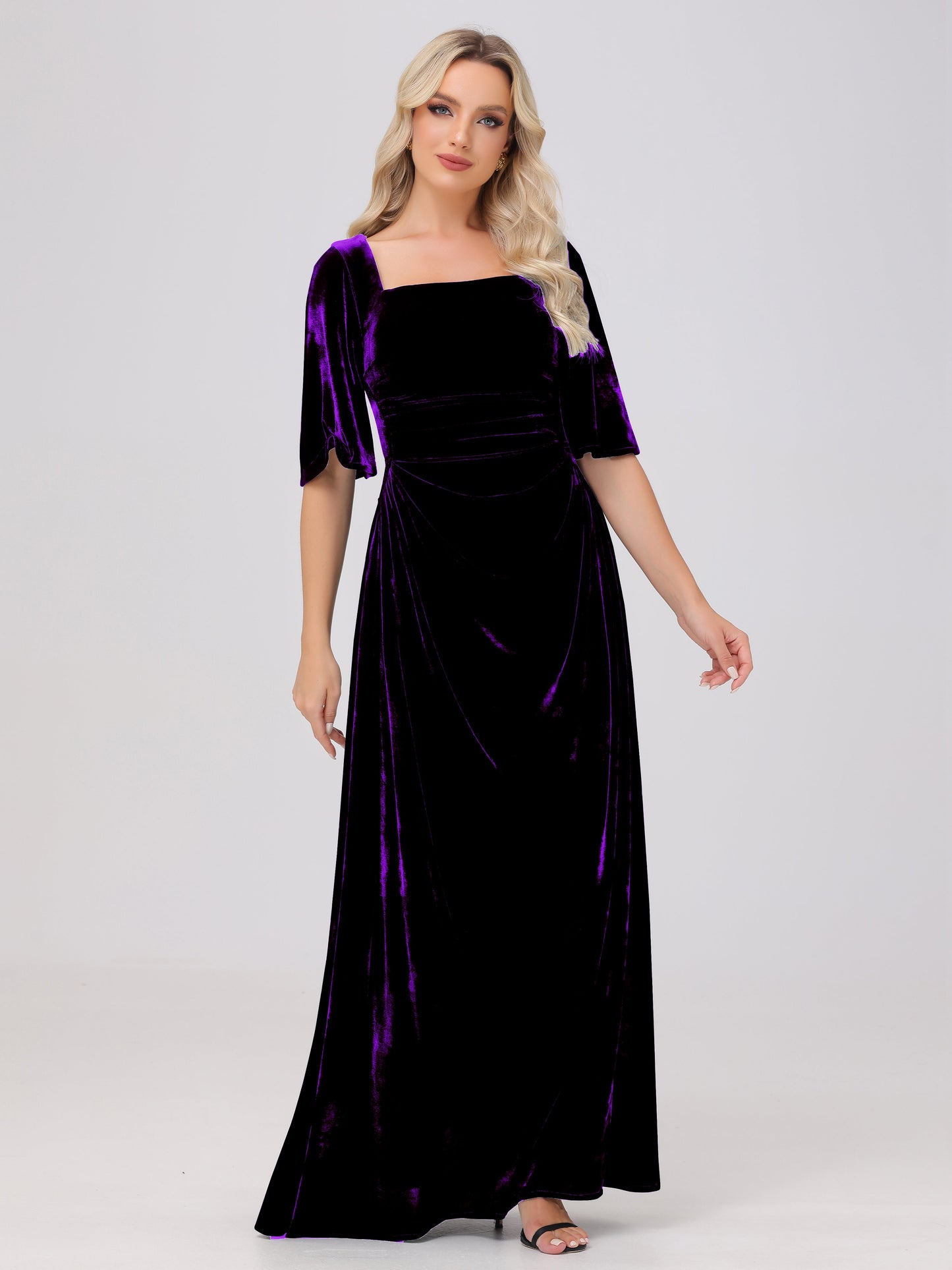 Half Sleeves Square Neck Velvet Bridesmaid Dresses