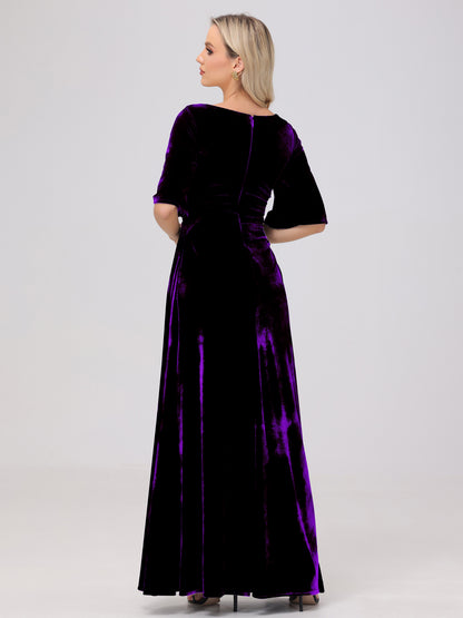 Half Sleeves Square Neck Velvet Bridesmaid Dresses