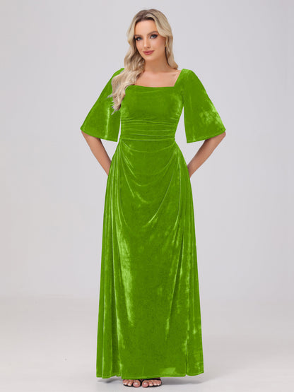 Half Sleeves Square Neck Velvet Bridesmaid Dresses