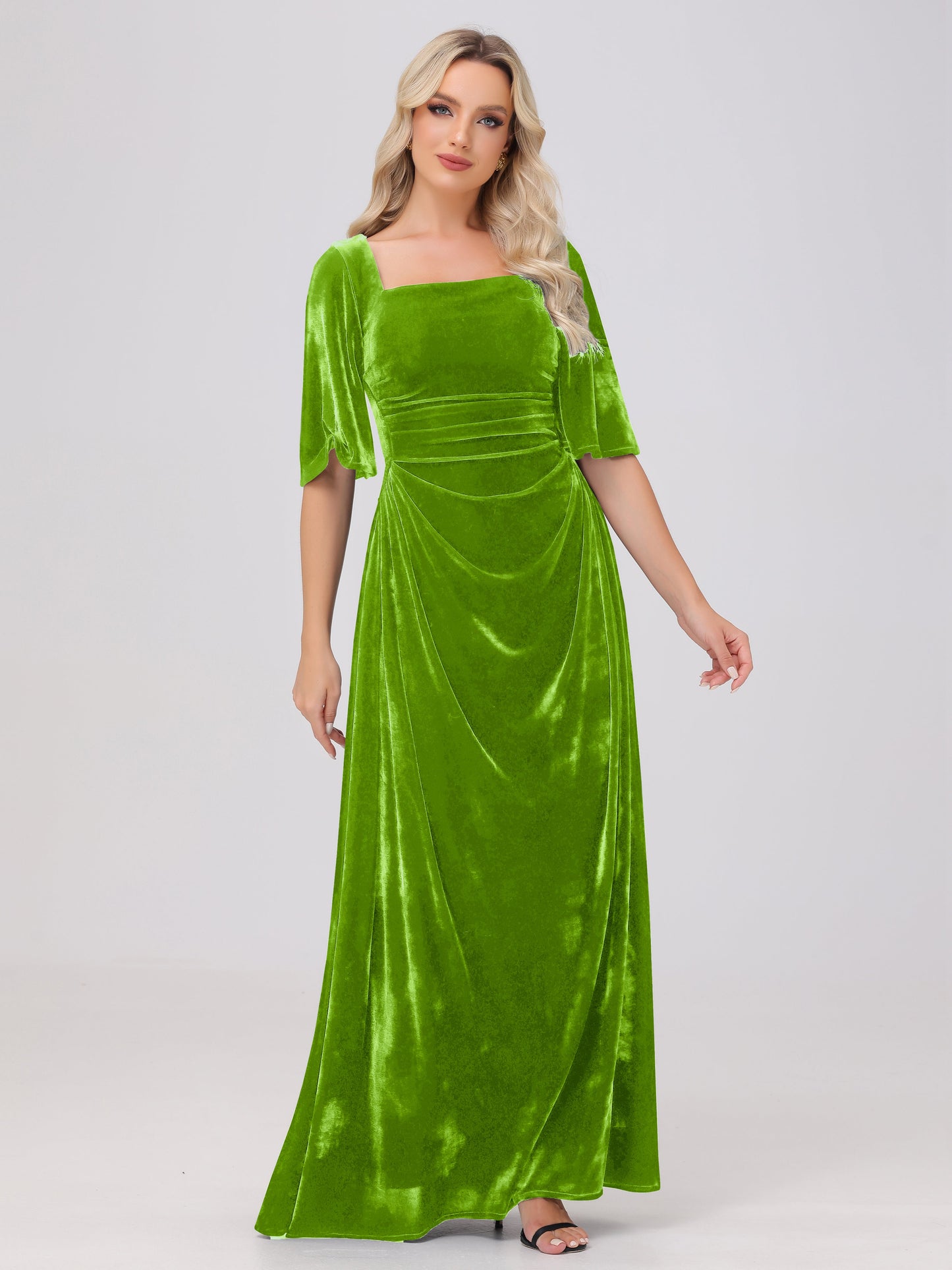 Half Sleeves Square Neck Velvet Bridesmaid Dresses