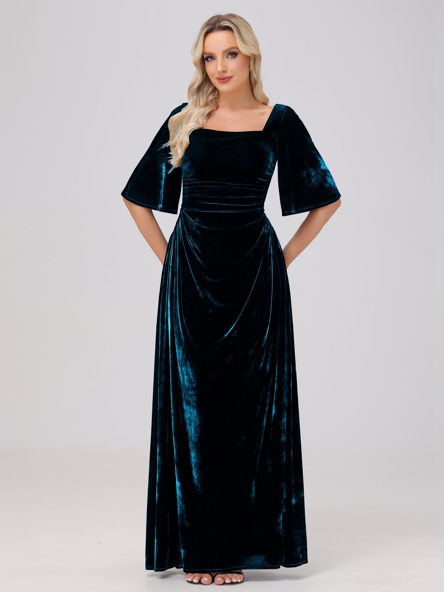 Half Sleeves Square Neck Velvet Bridesmaid Dresses