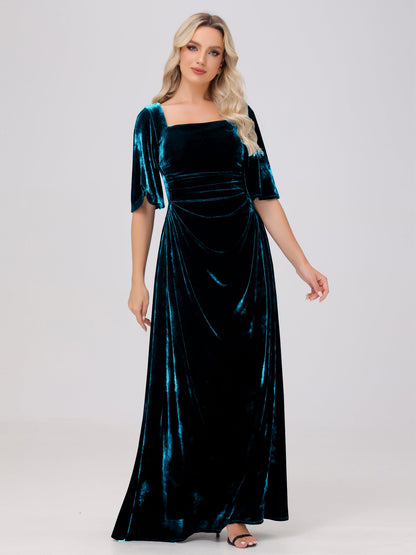 Half Sleeves Square Neck Velvet Bridesmaid Dresses