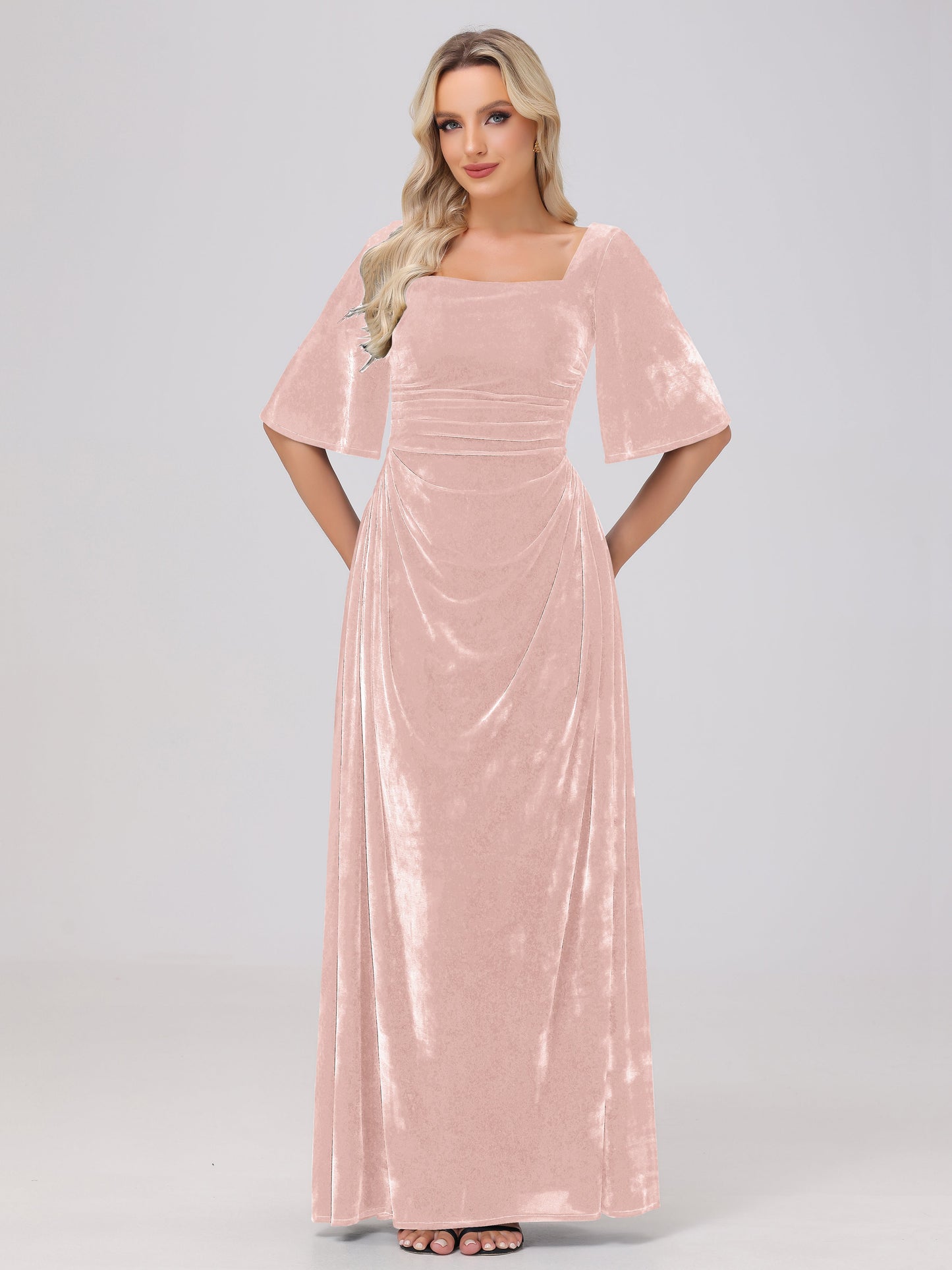Half Sleeves Square Neck Velvet Bridesmaid Dresses