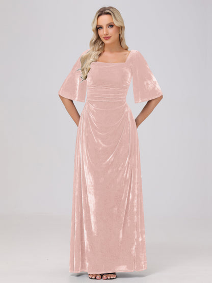 Half Sleeves Square Neck Velvet Bridesmaid Dresses