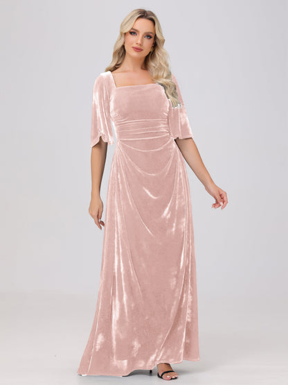 Half Sleeves Square Neck Velvet Bridesmaid Dresses