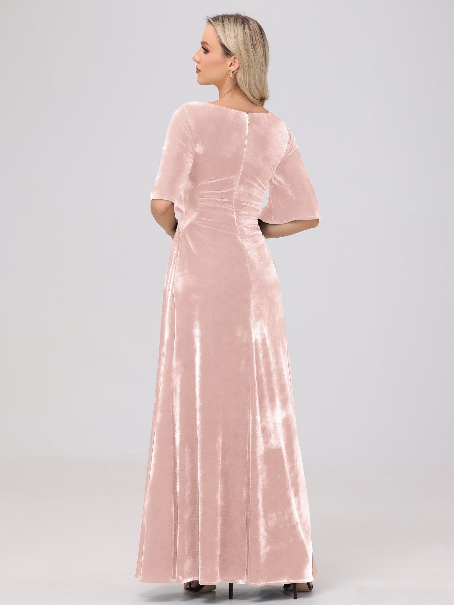 Half Sleeves Square Neck Velvet Bridesmaid Dresses