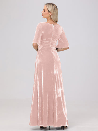 Half Sleeves Square Neck Velvet Bridesmaid Dresses