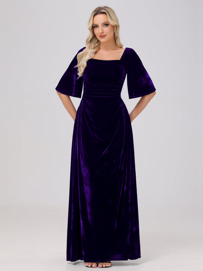 Half Sleeves Square Neck Velvet Bridesmaid Dresses