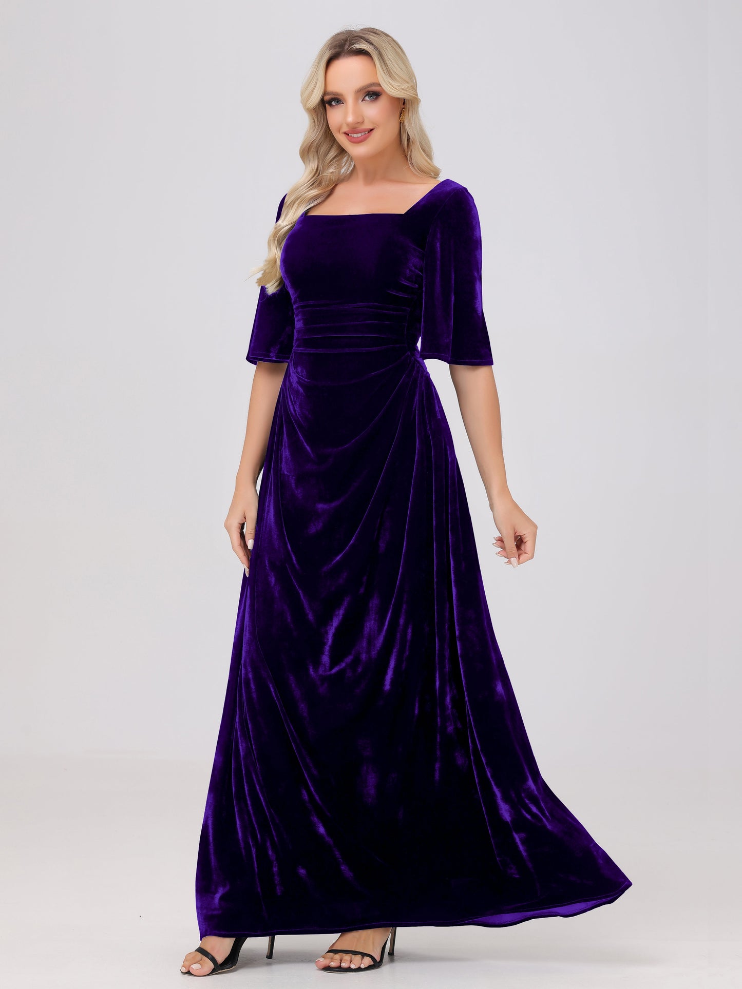Half Sleeves Square Neck Velvet Bridesmaid Dresses