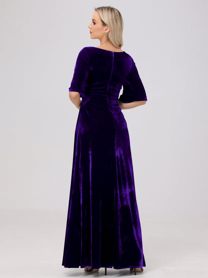 Half Sleeves Square Neck Velvet Bridesmaid Dresses