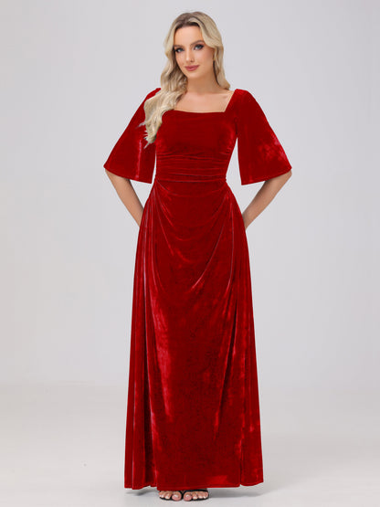 Half Sleeves Square Neck Velvet Bridesmaid Dresses