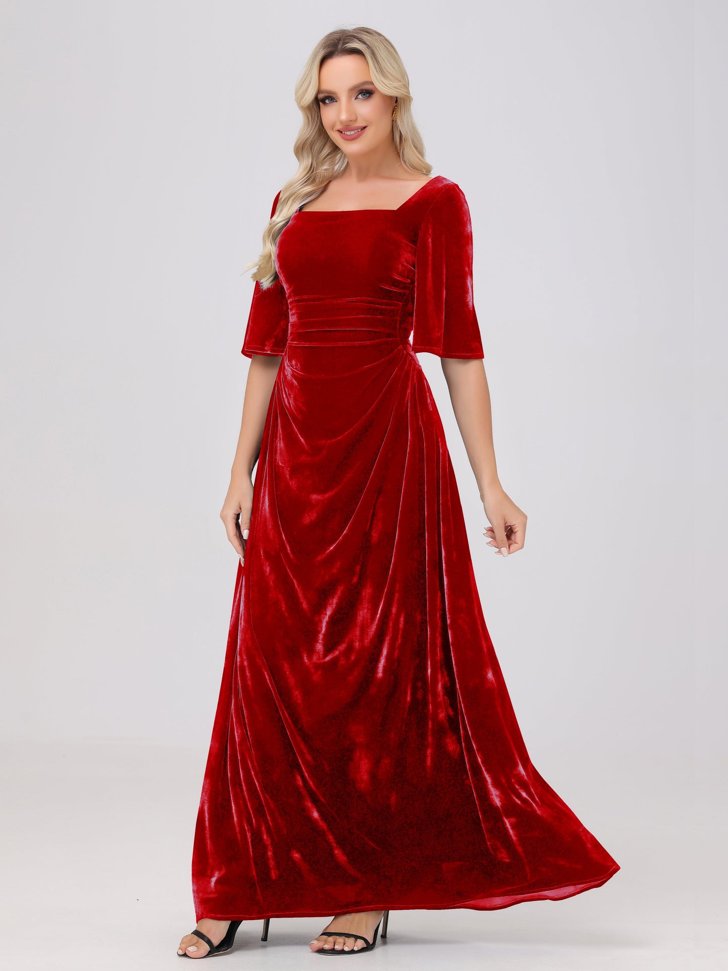 Half Sleeves Square Neck Velvet Bridesmaid Dresses