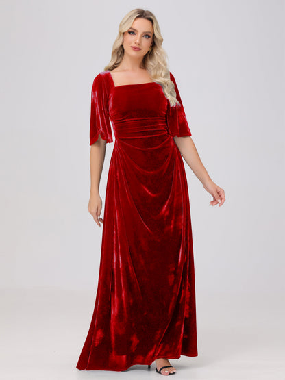 Half Sleeves Square Neck Velvet Bridesmaid Dresses