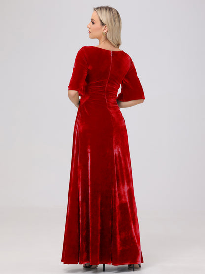 Half Sleeves Square Neck Velvet Bridesmaid Dresses
