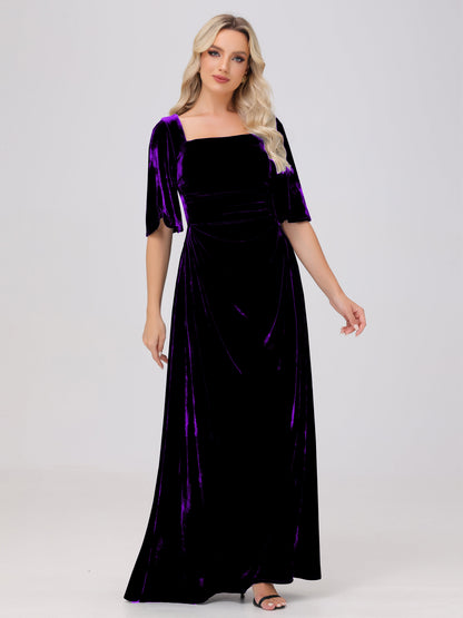 Half Sleeves Square Neck Velvet Bridesmaid Dresses