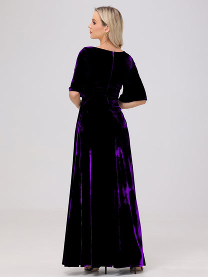 Half Sleeves Square Neck Velvet Bridesmaid Dresses