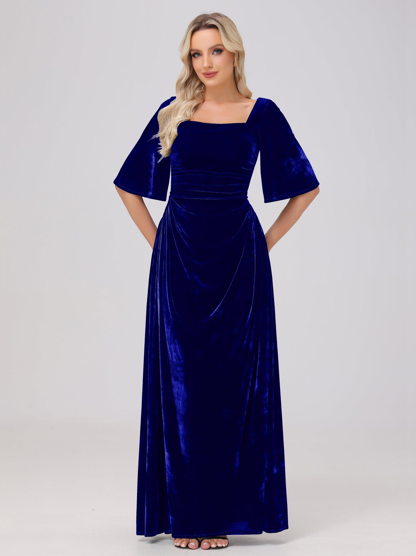 Half Sleeves Square Neck Velvet Bridesmaid Dresses